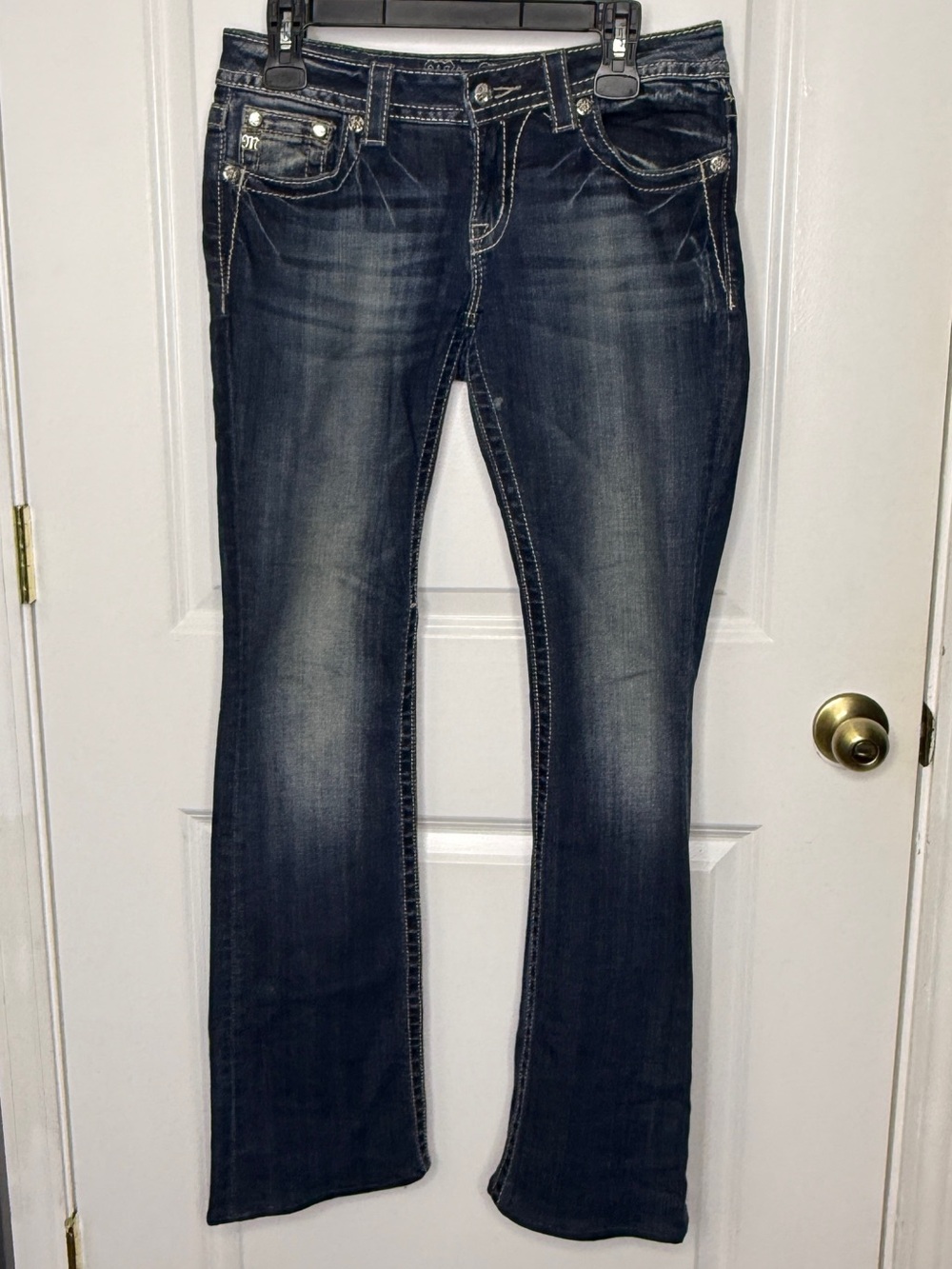 Miss Me Dark Blue Faded Boot Jeans Bling Stretch Slightly Distressed | GUC - Picture 4 of 9